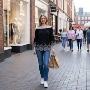 White House Black Market Off Shoulder‎ Embroidered Bell Sleeve Smocked Top Women